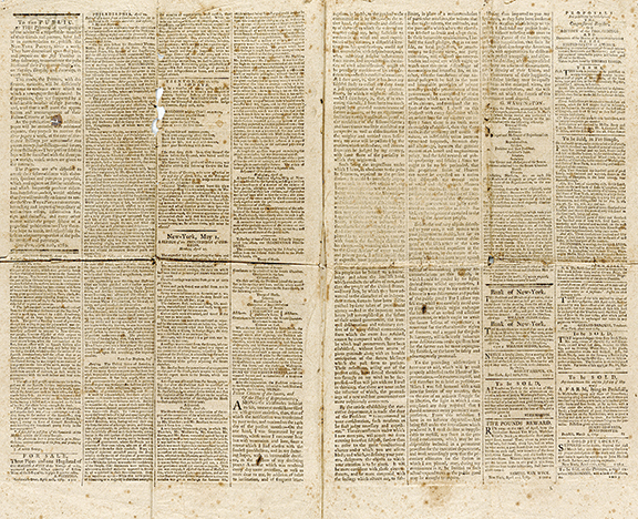 George Washington’s first inaugural address in full and an account of his inauguration, published in the pages of the New-York Packet on May 1, 1789, went to a bidder for $15,000 (est. $4000/6000). Other newspapers covered the Washington event, although whether they published the entire speech could not be determined by Swann.