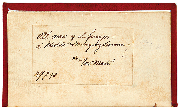 José Martí’s Verso sencillos sold for $5250 (est. $3000/4000), an auction record price for any work by Martí, according to Swann. Published in New York by Louis Weiss in 1891, the Cuban poet-revolutionary’s final and most important book of verse was inscribed by him as a gift to Nicolas Dominguez Cowan, a member of the Cuban Revolutionary Party and an émigré living in Mexico City.