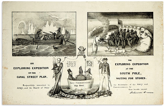 This polar-themed lithograph, “An Exploring Expedition on the Canal Street Plan. / The Exploring Expedition at the South Pole. Waiting for Stores,” sold for $5250 (est. $1200/1800). Published by H.R. Robinson in New York in 1838, the 12½
