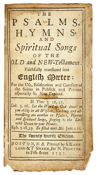 This 24th edition of the Bay Psalm Book, printed in Boston by S. Kneeland and T. Green for “N. Procter” (Proctor) in 1737, went up directly after the earlier edition, bringing $3500 (est. $2000/3000). Swann research turned up only one other surviving example with the N. Proctor imprint, in the Michael Zinman collection at the Library Company in Philadelphia. This one has some leaves missing.