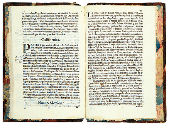 Pictured is a rarity, with only two institutional copies located and none known at auction since 1967, according to Swann’s research. The item is Constituciones, y leyes municipales de esta Provincia del S. Evangelio,i.e., regulations for a Franciscan province, including reports on conversions in the Californias, New Mexico, and Tampico, Mexico. Printed in Mexico in 1667, the volume bound in calf gilt sold for $9375 (est. $4000/6000).