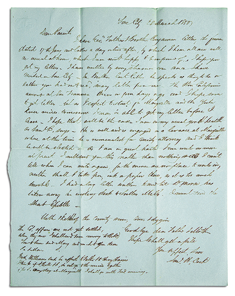 Twelve autograph letters by Samuel Huntting Cook (circa 1828-1888), who went to California in search of gold and stayed despite the failure of his mining efforts, sold to a phone bidder for $10,000 (est. $1500/2500). Originally from Sag Harbor, New York, Cook went on to work at numerous other jobs, including papering and carpeting a gambling house and working as a hotel clerk. The writing, to judge from the sampling in the catalog, is colorful and full of details. At one point he describes sleeping with “a California saddle” for his pillow and an old dog named Mingo at his feet, “like a warm brick.”