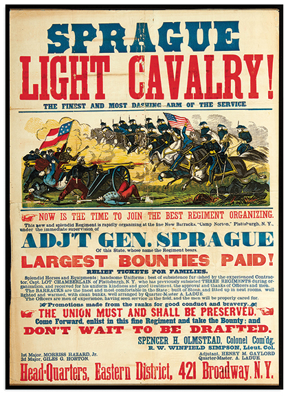 The catalog’s cover lot, a Civil War recruitment poster printed in New York in 1863, sold to a dealer for $11,875 (est. $5000/7500). Besides the beauty of its big, bold colors, the 41½