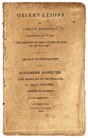 An unauthorized second edition of Alexander Hamilton’s confession of his adulterous affair sold for $10,000 (est. $5000/7000). The publication of Observations on Certain Documents…in which the Charge of Speculation against Alexander Hamilton...Is Fully Refuted, whichwas designed to embarrass Hamilton and damage the Federalist Party by association, was printed in Philadelphia in 1800. Swann sold the same title for the same price on April 12, 2018. Apparently, although Broadway was shuttered by the coronavirus, Hamilton material remains as strong as ever.