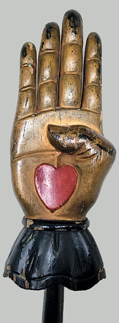 American carved HEART IN HAND with raised heart and folded thumb. Has the original staff. In original paint, no repairs. From the Odd Fellows Lodge No. 193, Chardon, Ohio. C.1875. History available. 63 inches tall.