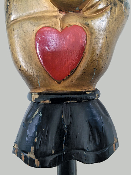 American carved HEART IN HAND with raised heart and folded thumb. Has the original staff. In original paint, no repairs. From the Odd Fellows Lodge No. 193, Chardon, Ohio. C.1875. History available. 63 inches tall.