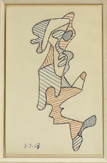 Lot 109- Jean DuBuffet blue and red ballpoint pen drawing, “Personnage S.I.”, signed and dated 1963