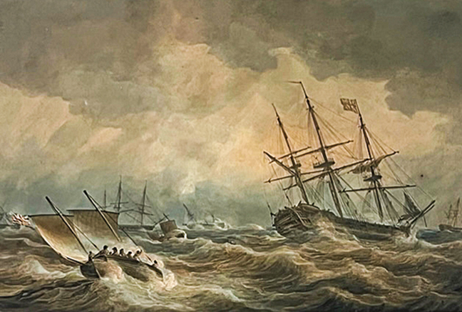 Watercolor by Nicholas Pocock (1740-1821), 20 x 30 in.