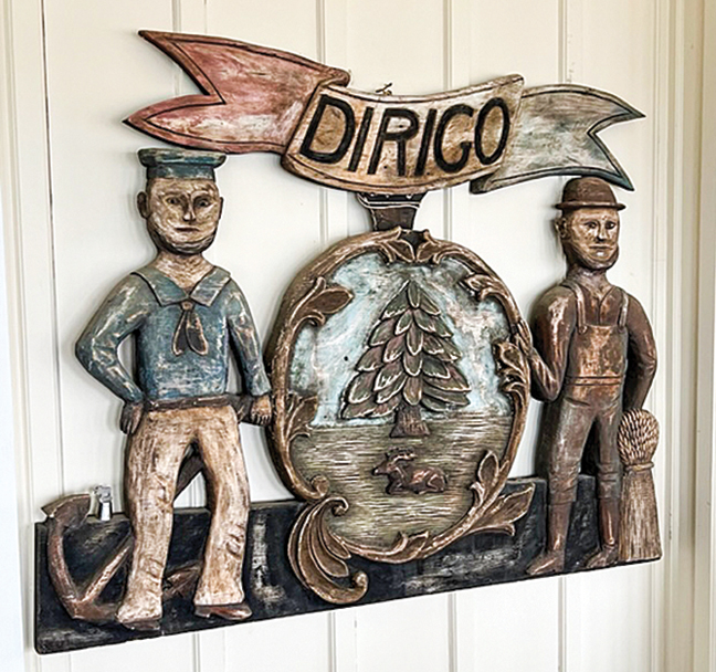 Folk Art carved Maine State seal, 28 x 36 in.
