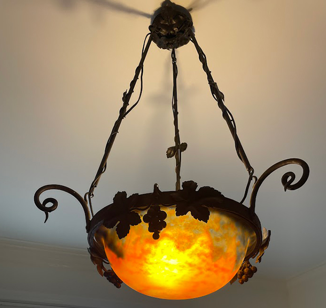  Daum Art Nouveau Metal and Glass Plaffonier.
