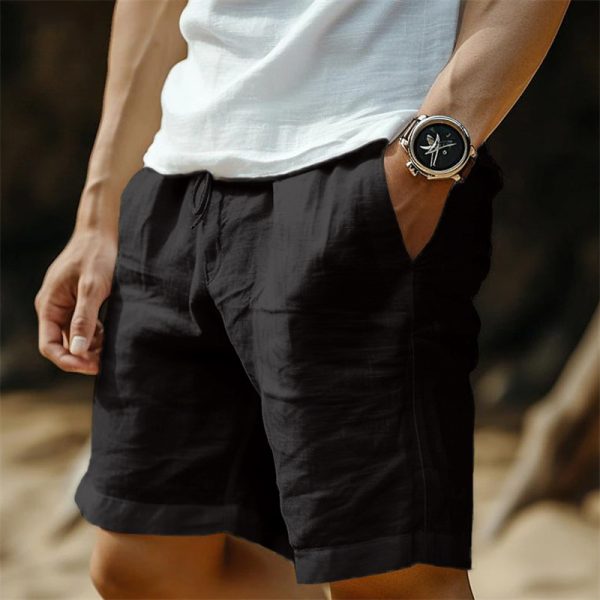 Men's Cotton And Linen Pocket Drawstring Elastic Waist Shorts - Image 4