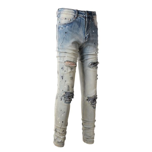 Light Colored Paint Splashing Ink Making Old Washed Jeans For Men - Image 2