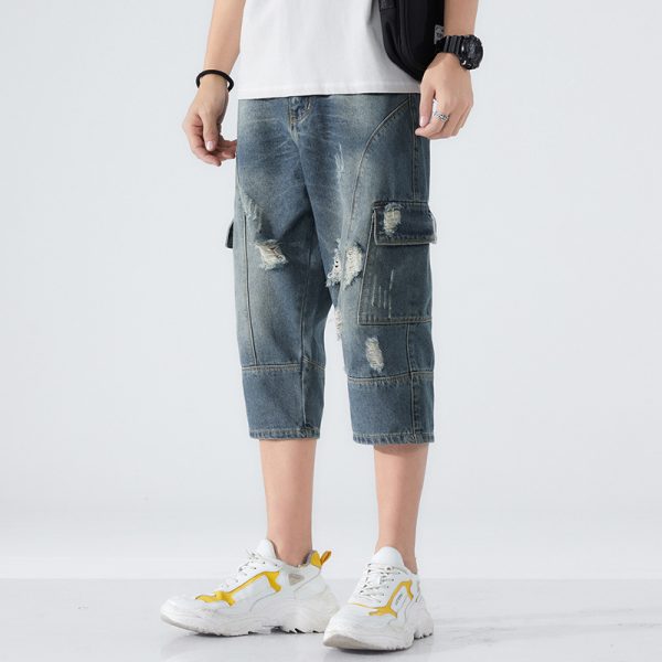 Men's Loose Elastic Waist Printed Cropped Jeans - Image 4