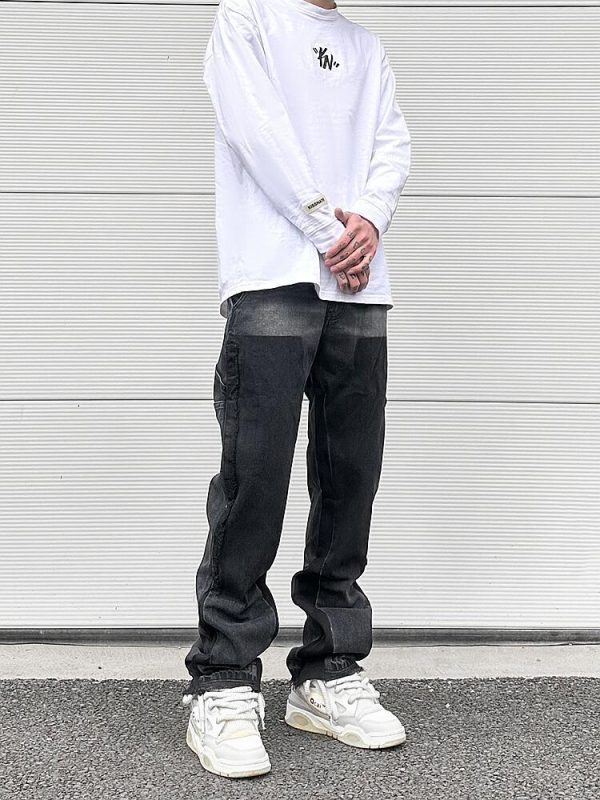 Washed Black And Grey Men Micro Cropped Pants Straight Leg Slimming - Image 5
