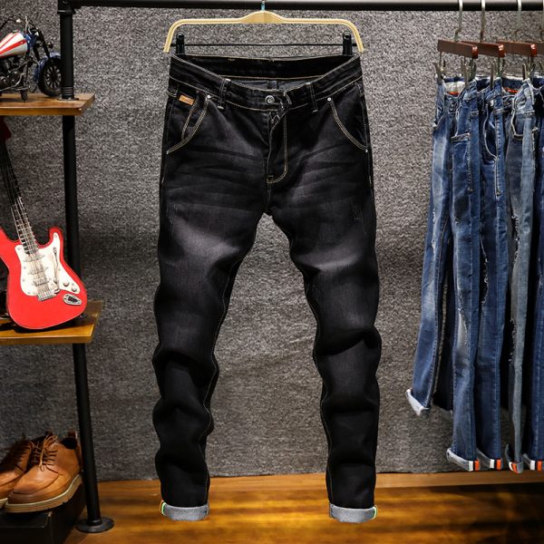 Men's Denim Trousers Solid Color Slim Casual Retro - Image 2