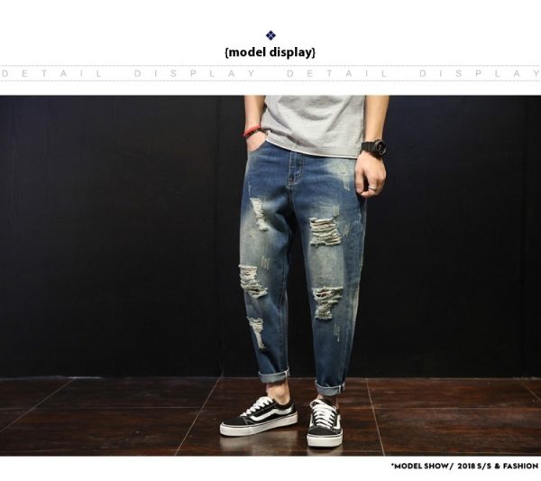 Men's Ripped Jeans Loose Overweight Man Plus Size Skinny Pants - Image 7