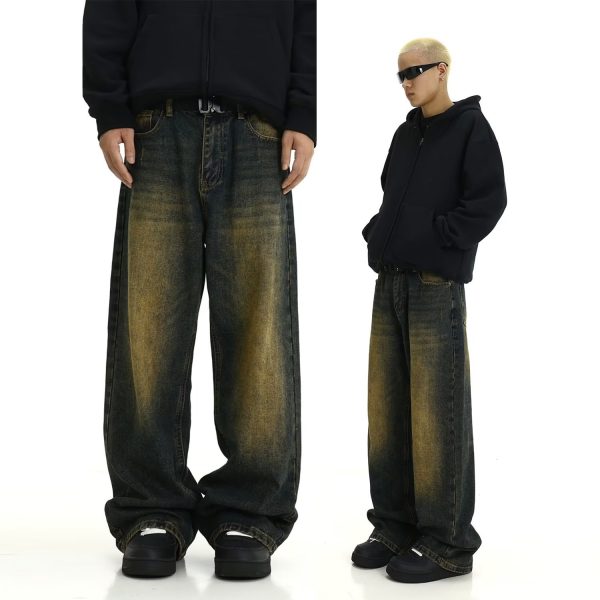 Men's Autumn American Fashion Brand Loose Yellow Mud Dyed Washed Vintage Jeans - Image 5