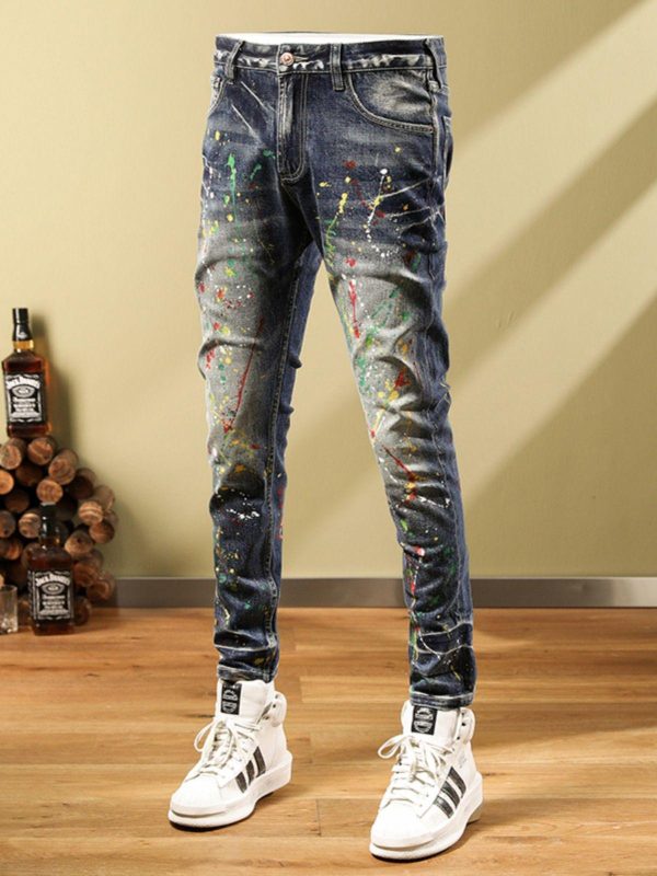 Personalized Fashion Jeans Men's Casual Slim Fit Skinny Retro Splash-ink Paint Trousers - Image 2