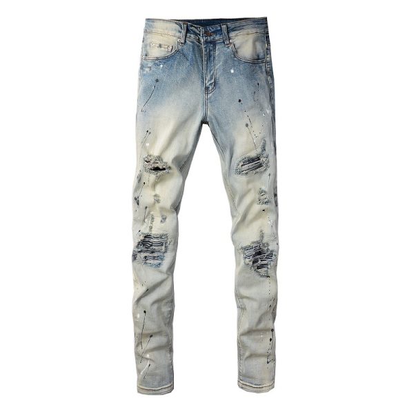 Light Colored Paint Splashing Ink Making Old Washed Jeans For Men - Image 3