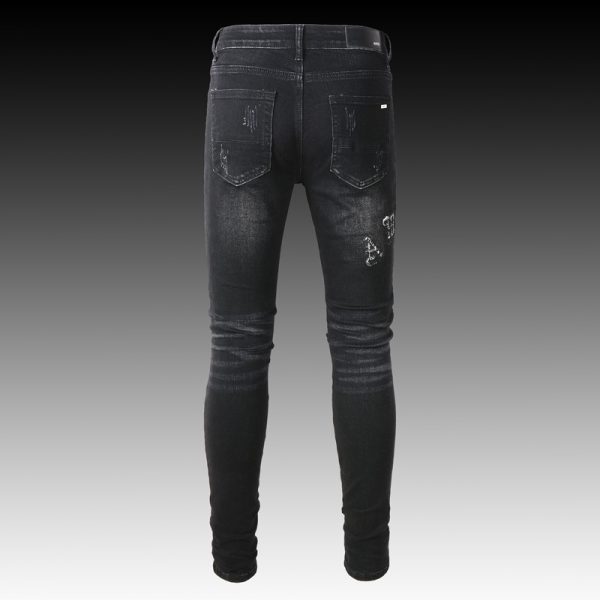 Men's Black Paisley Printed Patch Ripped Jeans - Image 9