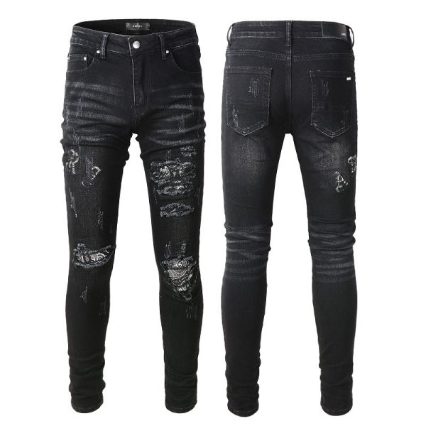 Men's Black Paisley Printed Patch Ripped Jeans - Image 4