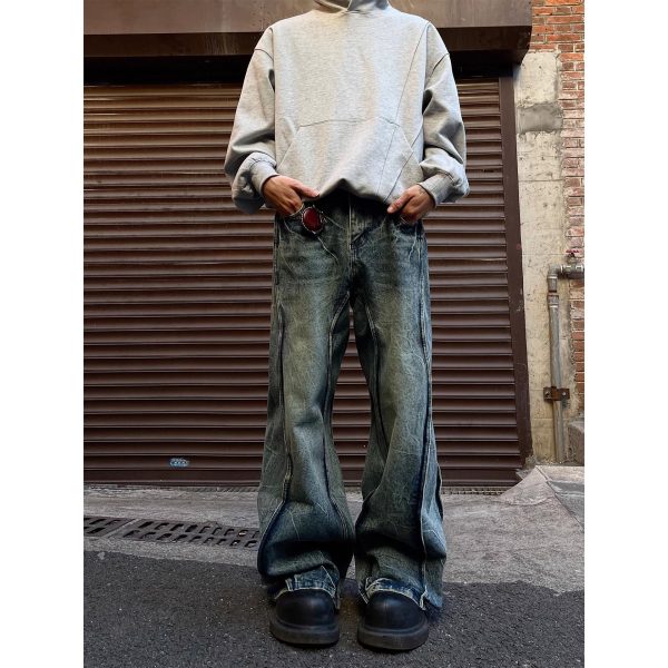Lightning Pattern Straight Loose Casual American Street Stitching Profile Jeans Men - Image 3