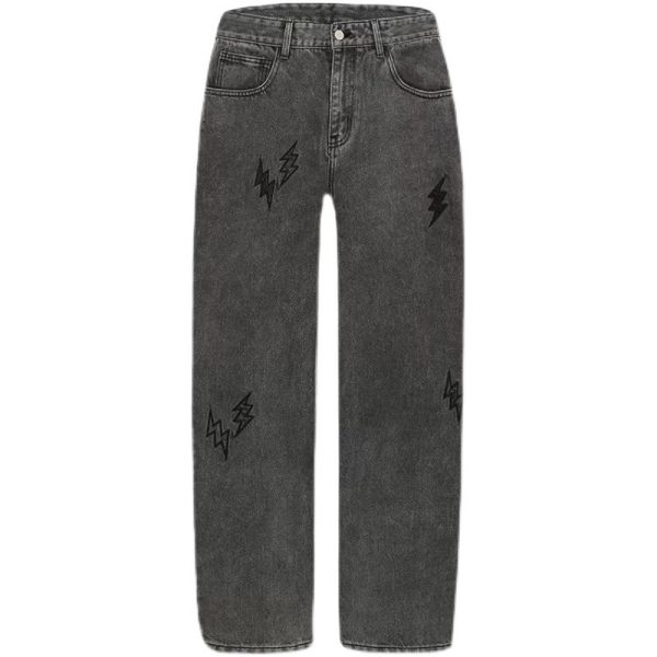 Lightning Embroidered Straight Loose Distressed Jeans For Men - Image 5