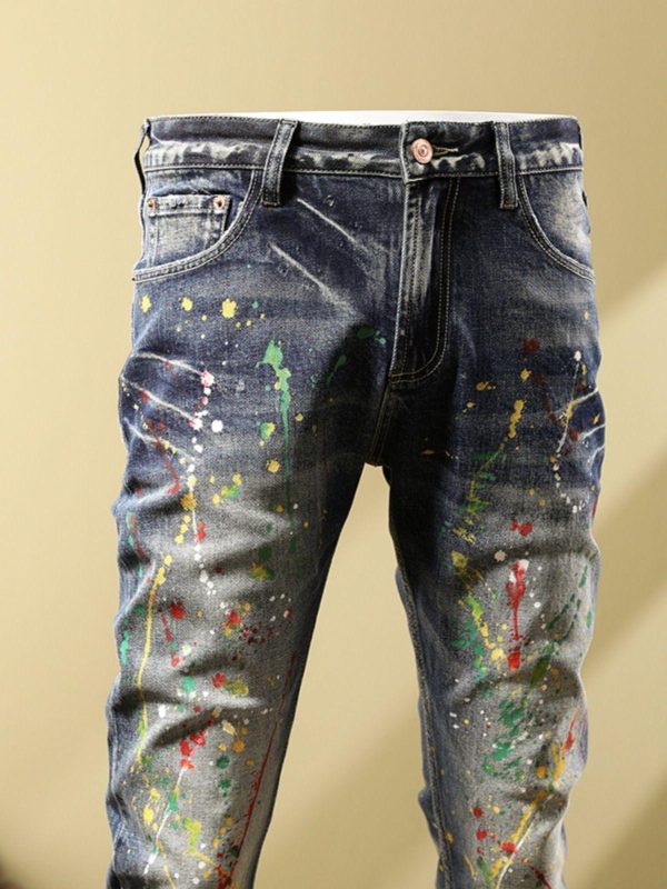 Personalized Fashion Jeans Men's Casual Slim Fit Skinny Retro Splash-ink Paint Trousers - Image 3