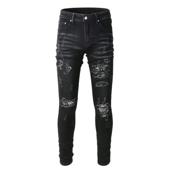 Men's Black Paisley Printed Patch Ripped Jeans - Image 10