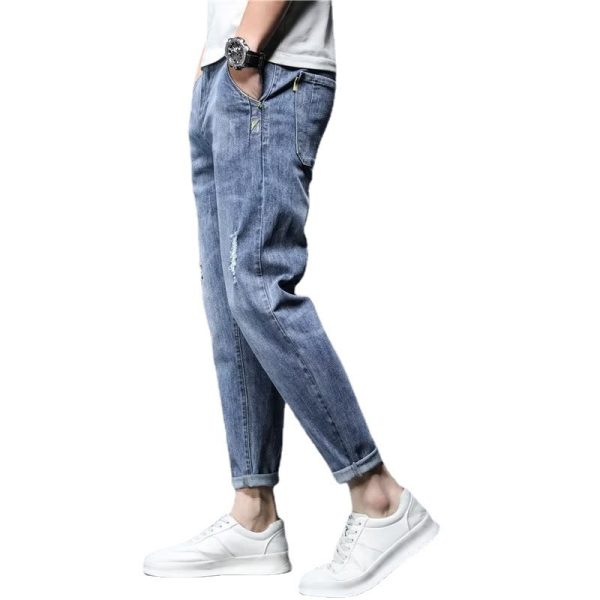 Loose Straight Ripped Stretch Pants Men's Casual Cropped Skinny Trousers - Image 5
