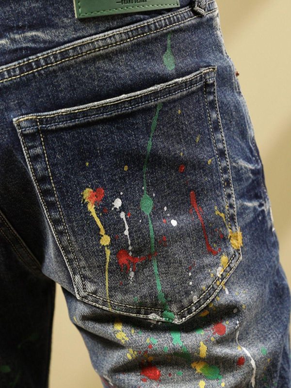 Personalized Fashion Jeans Men's Casual Slim Fit Skinny Retro Splash-ink Paint Trousers - Image 5