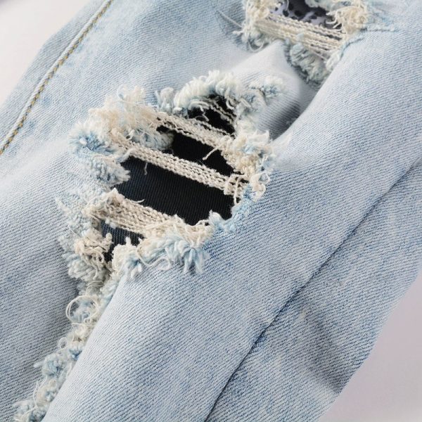 Light Colored Hot Diamond Patch With Holes In Elastic Tight Jeans For Men - Image 9