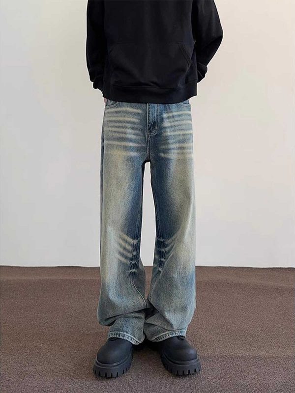 Men's Loose Straight Washed-out Vintage Jeans With Whiskers - Image 4