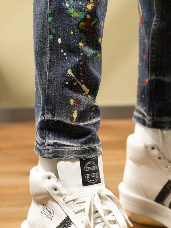 Personalized Fashion Jeans Men's Casual Slim Fit Skinny Retro Splash-ink Paint Trousers - Image 4