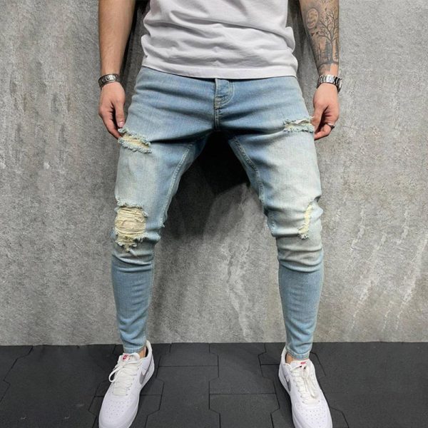 Men's Small Feet Jeans European And American Frayed Casual Slim Jeans - Image 3