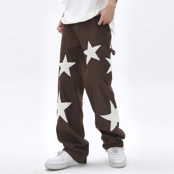 Five Pointed Star Flocking Embroidered Jeans For Men - Image 2