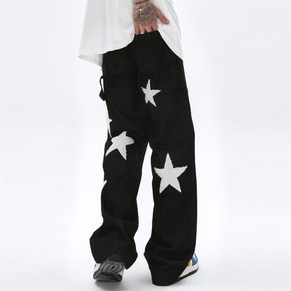 Five Pointed Star Flocking Embroidered Jeans For Men - Image 3