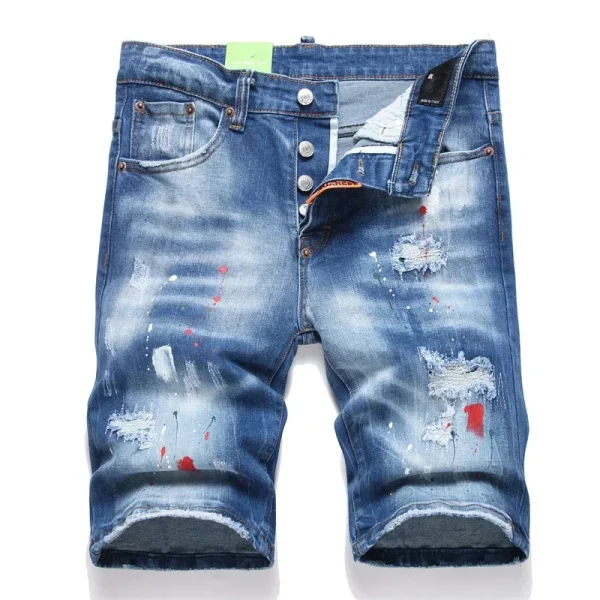 New Summer Men Light Blue Denim Shorts Man Italian Style Ripped Jeans Shorts High Quality Male Straight Fit Denim Shorts Jeans - Image 2