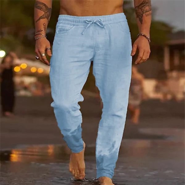 Men's Solid Color Cotton Linen Loose Beach Casual Pants - Image 2