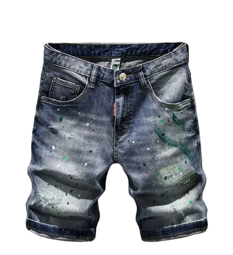 Fashion Luxury Brand Korean Streetwear Ink Dot Hand-decorated Men's Jeans Y2K Vintage Slim Ripped Jorts Distressed Denim Shorts - Image 5