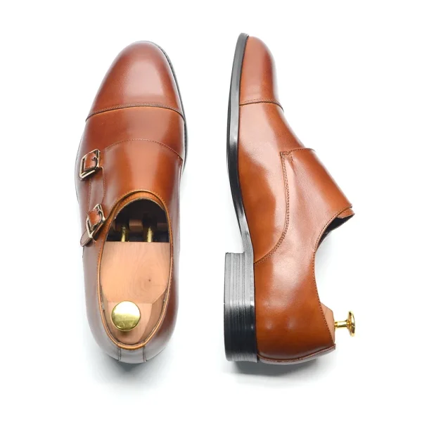 Luxury Men's Wedding Formal Shoes Genuine Leather Pure Brown Black Double Buckle Monk Strap Cap Toe Business Office Dress Shoes - Image 2