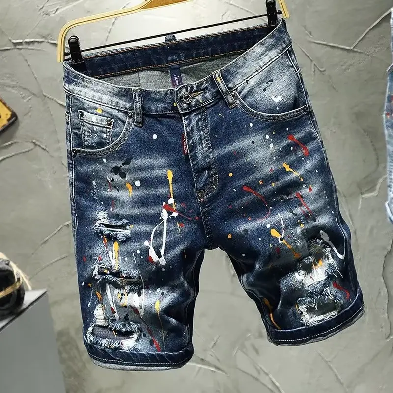 Fashion Luxury Brand Korean Streetwear Ink Dot Hand-decorated Men's Jeans Y2K Vintage Slim Ripped Jorts Distressed Denim Shorts - Image 2
