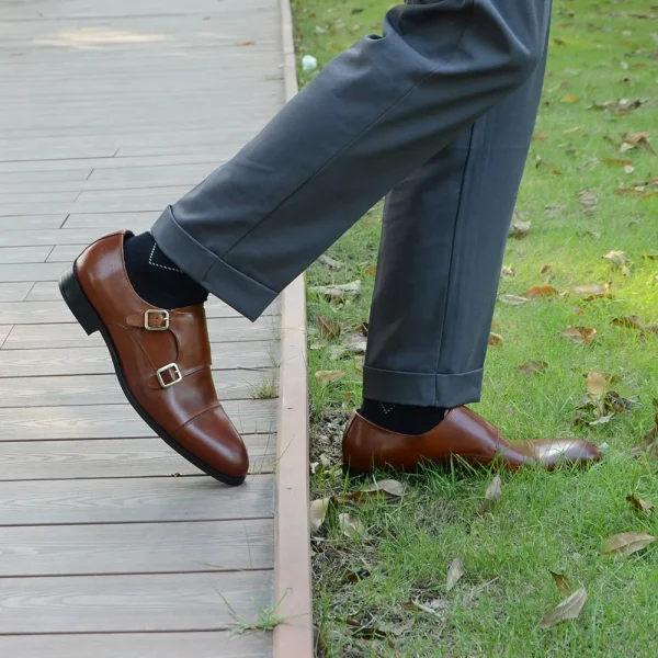 Luxury Men's Wedding Formal Shoes Genuine Leather Pure Brown Black Double Buckle Monk Strap Cap Toe Business Office Dress Shoes - Image 6