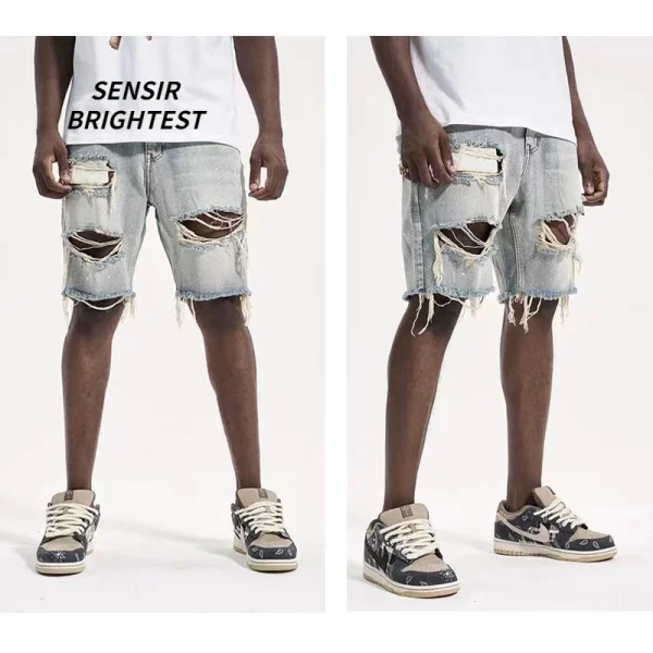 Retro Summer Ripped Shorts Men's Large Size European And American Street Distressed Denim Shorts Men's