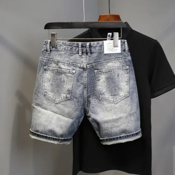 Korean Luxury Clothing Men's Summer Denim Knee Length Shorts 2025 Fashion Designer Ripped Hole Cowboy Korean Slim Short Pants - Image 2