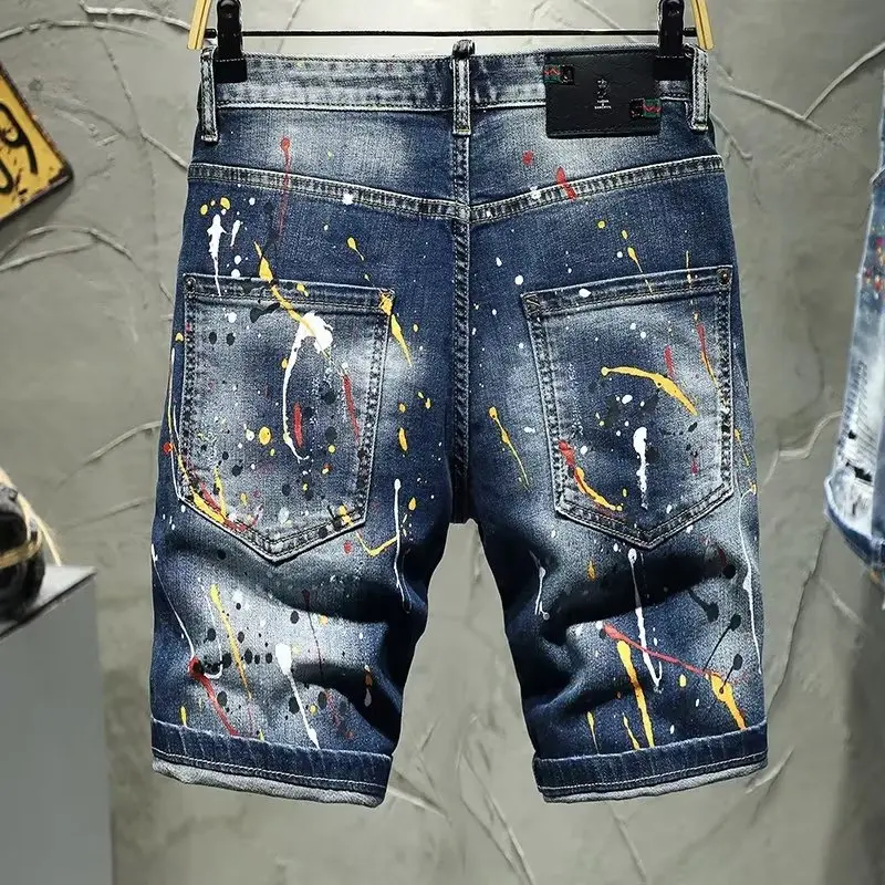 Fashion Luxury Brand Korean Streetwear Ink Dot Hand-decorated Men's Jeans Y2K Vintage Slim Ripped Jorts Distressed Denim Shorts - Image 3