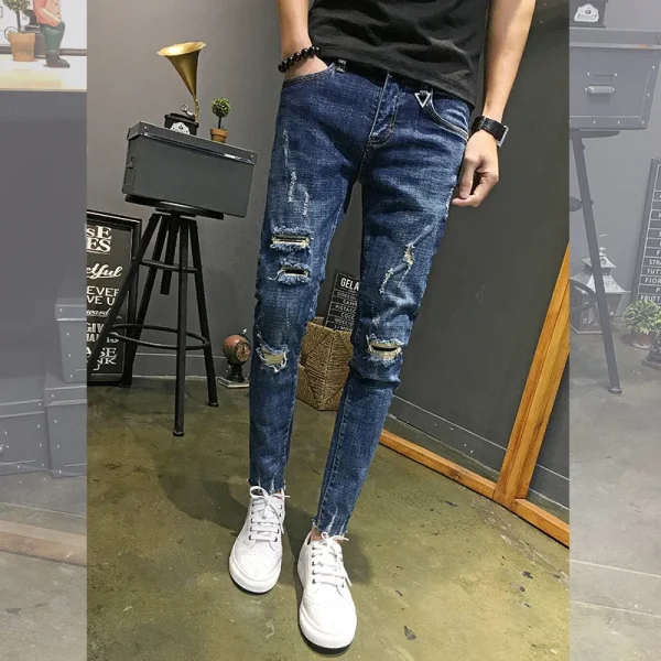 Wholesale 2022 Fashion Denim Pants Men's Boys Small Feet Ripped Holes Cropped Jeans Thin Men's Social Men Beggar Pencil Pants - Image 3