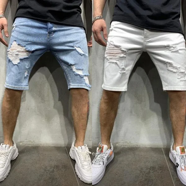 Perforated Mens Denim Shorts Ripped Jeans European and American Large Size White Tight Trendy Streetwear Men's Short Pants