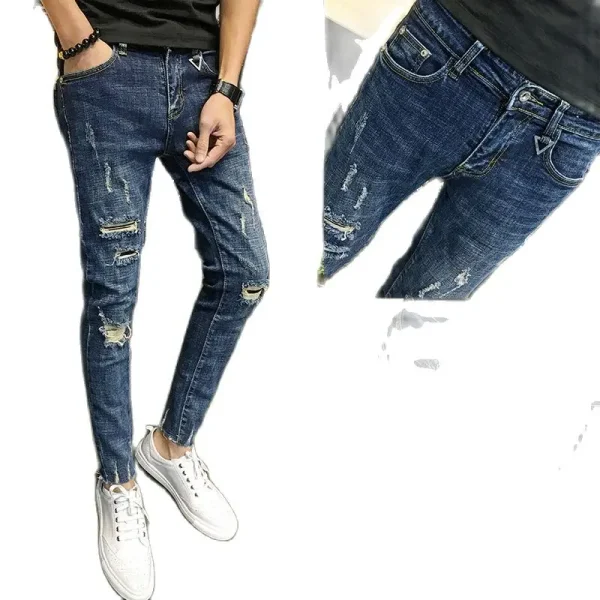 Wholesale 2022 Fashion Denim Pants Men's Boys Small Feet Ripped Holes Cropped Jeans Thin Men's Social Men Beggar Pencil Pants - Image 2
