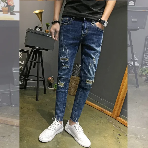 Wholesale 2022 Fashion Denim Pants Men's Boys Small Feet Ripped Holes Cropped Jeans Thin Men's Social Men Beggar Pencil Pants - Image 6